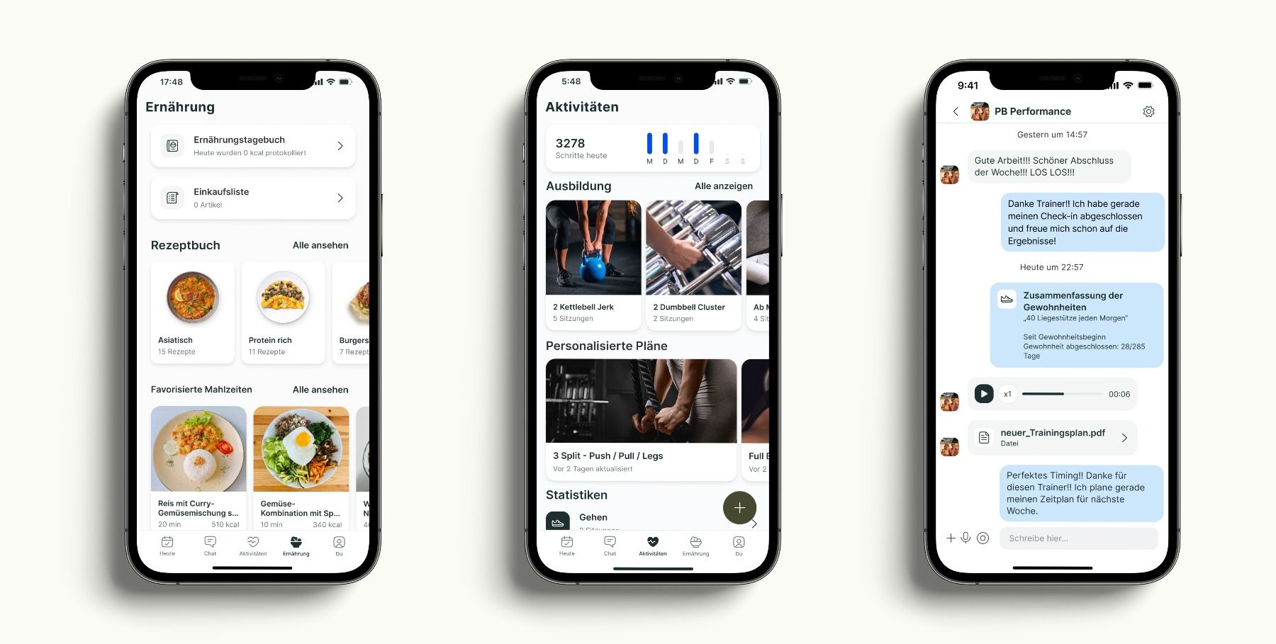 Ein Mockup der Coaching-App, das die verschiedenen Funktionen zeigt.